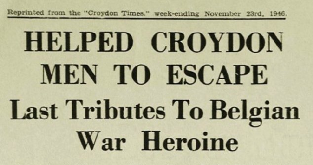 Headline from the article in the Croydon Times of 23rd November 1946 paying tribute to Marthe Janssen-Leyder, a member of the Belgian Secret Army during World War II