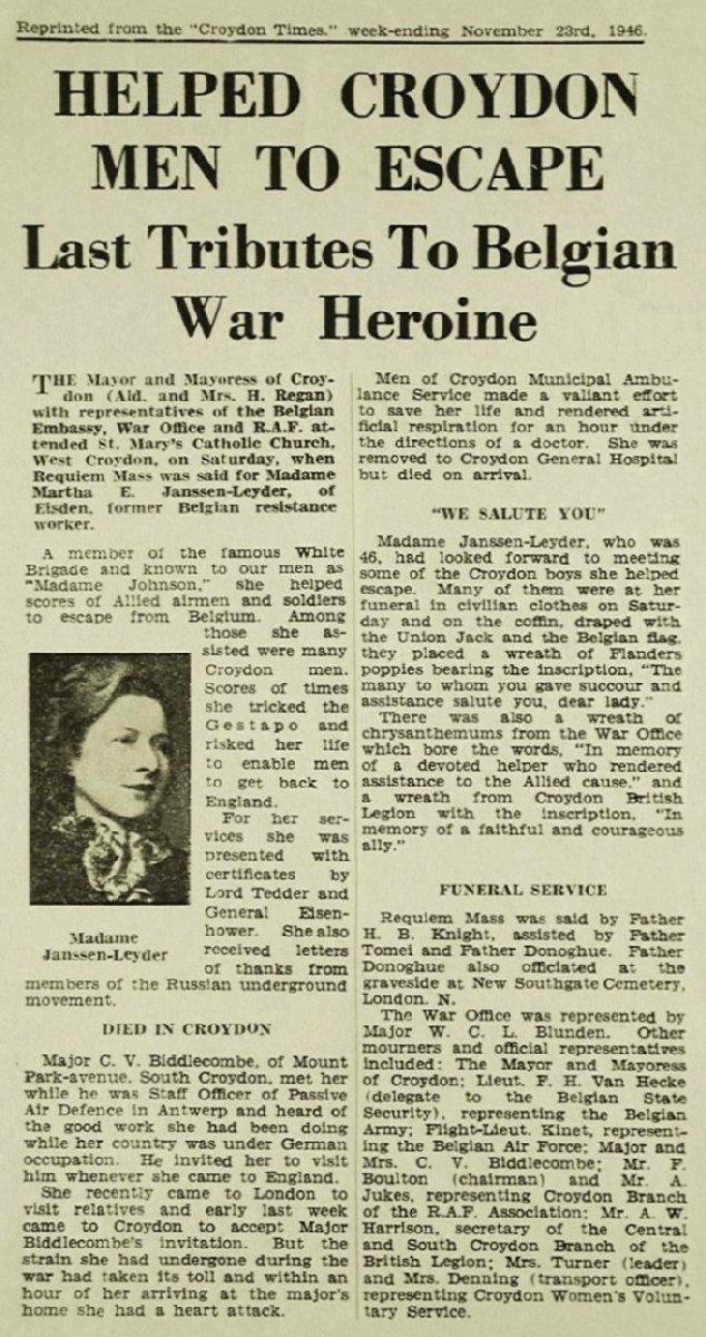 Article from the Croydon Times of 23rd November 1946 paying tribute to Marthe Janssen-Leyder, a member of the Belgian Secret Army during World War II