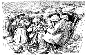 World War One drawing of soldiers eating in their rain-sodden trench