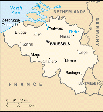 Map of Belgium with the approximate position of Eisden superimposed in turquoise blue