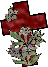Cross with crocus and lily flowers - R.I.P. (copyright owned by HolidayGraphics.com)