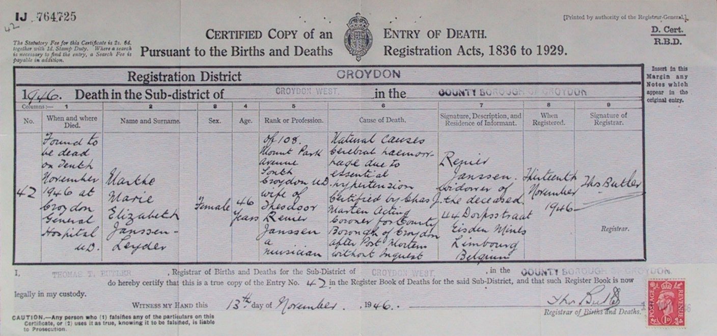 A certified copy of Marthe Janssen-Leyder's Death Certificate