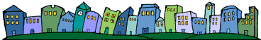 A row of houses with winking lights!